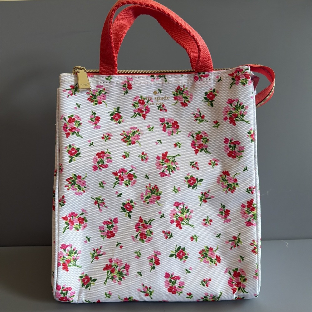 NWT Kate Spade New York Floral Bouquet Pattern Insulated Lunch Bag White Red